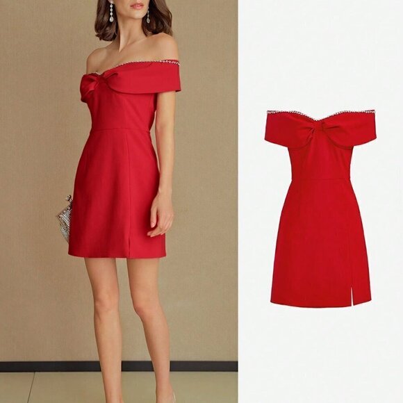 Red Elegant Women's Off Shoulder Rhinestone Trim Ruched Bust Dress - Picture 8 of 8